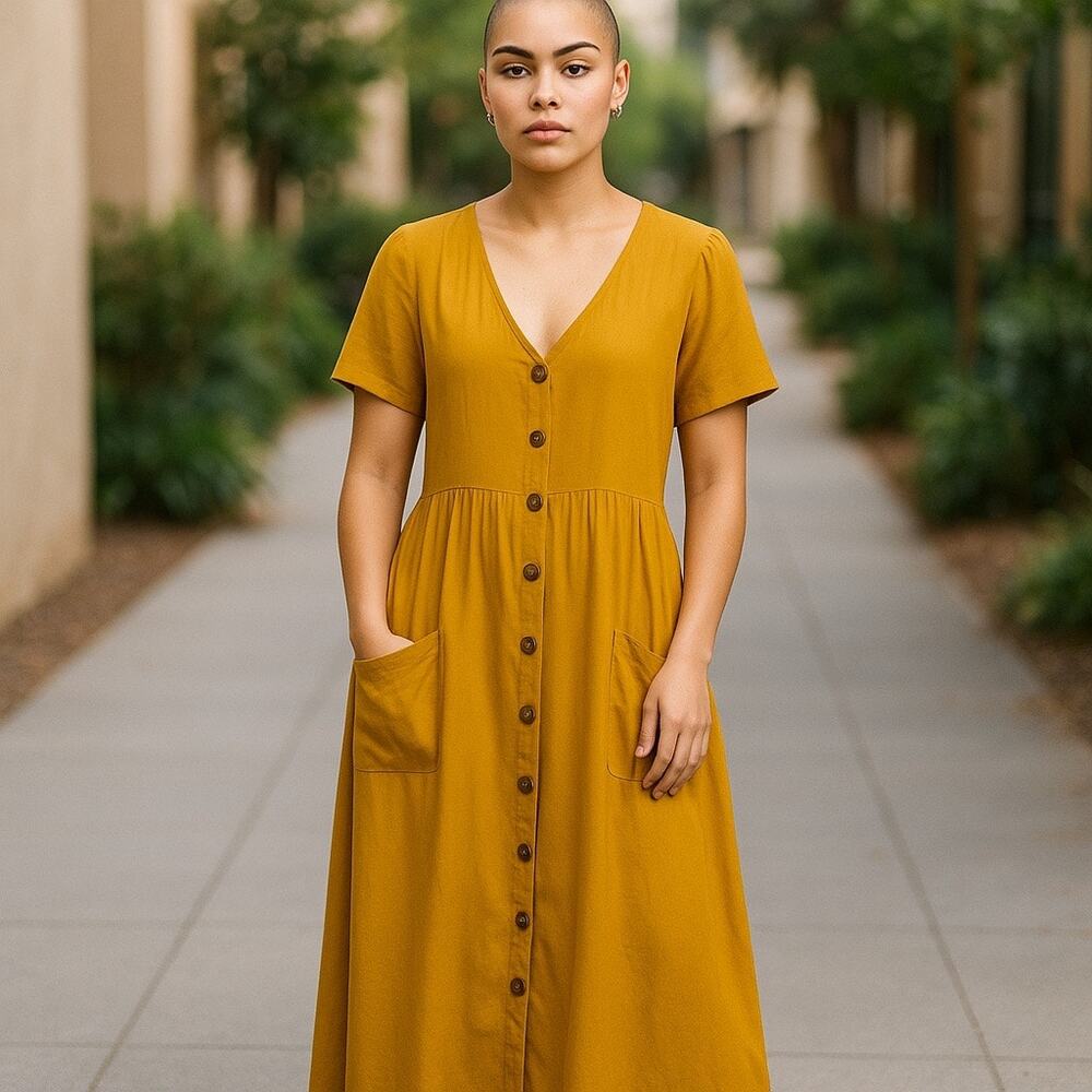 Women’s Boho CottageCore Linen Cotton Midi Spring Summer Dress S Yellow